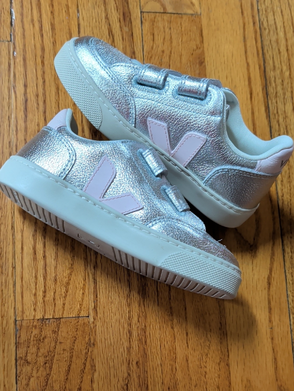 Veja Kids Metallic Silver Sneakers with Pink Accents - Velcro Closure
